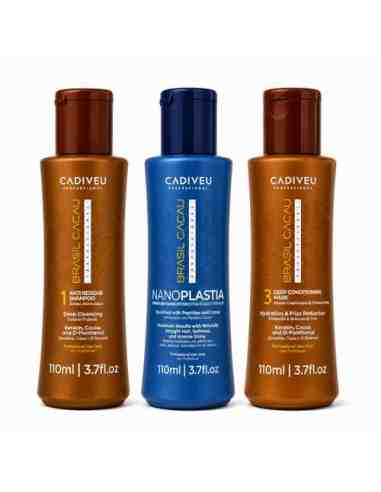 Cadiveu Brasil Cacau Nanoplastia kit lisciante anticrespo 3 prodotti da 110 ml con shampoo trattamento e maschera